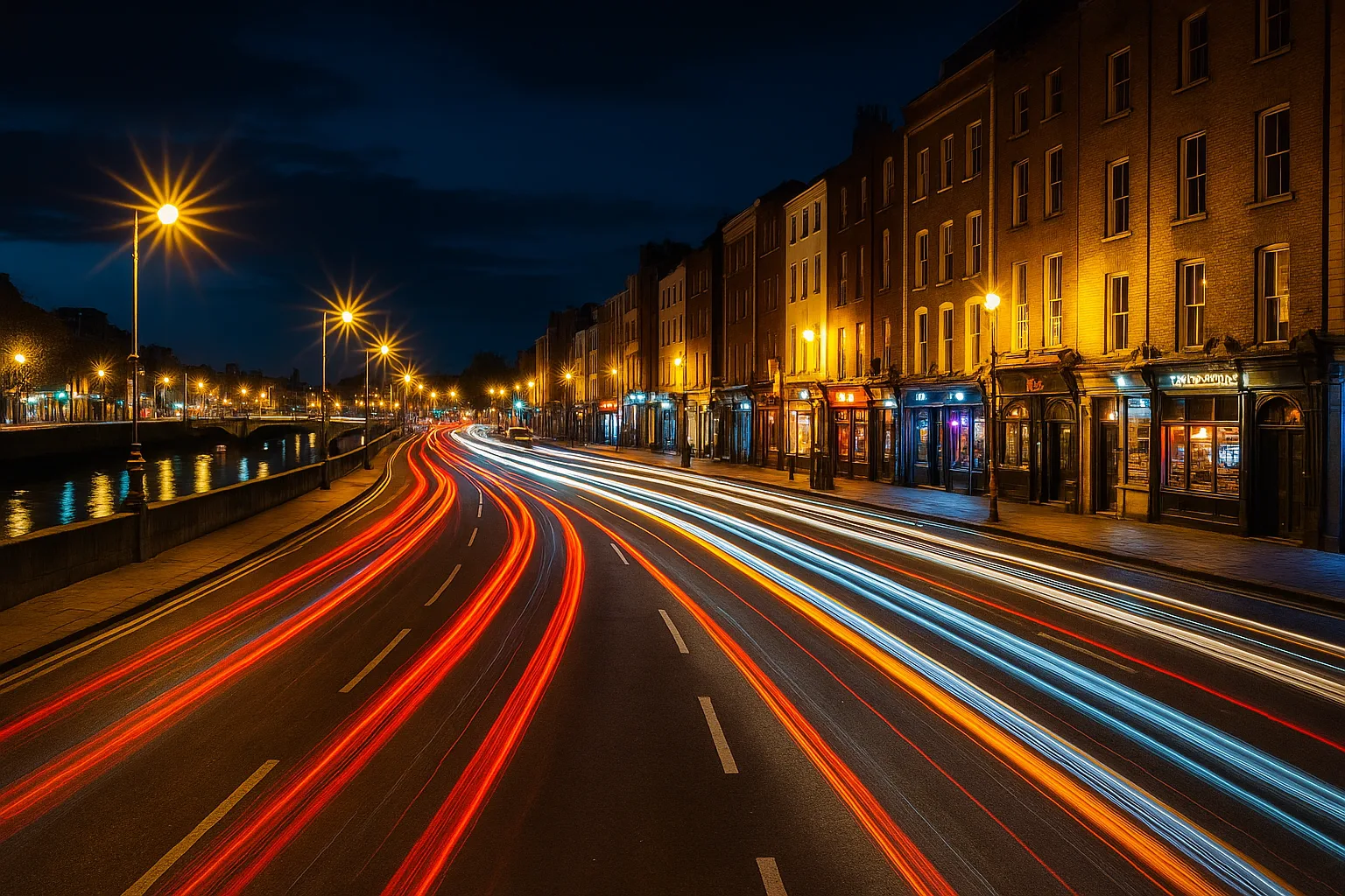 Lively Night Street Scene with Light Trails from Vehicles