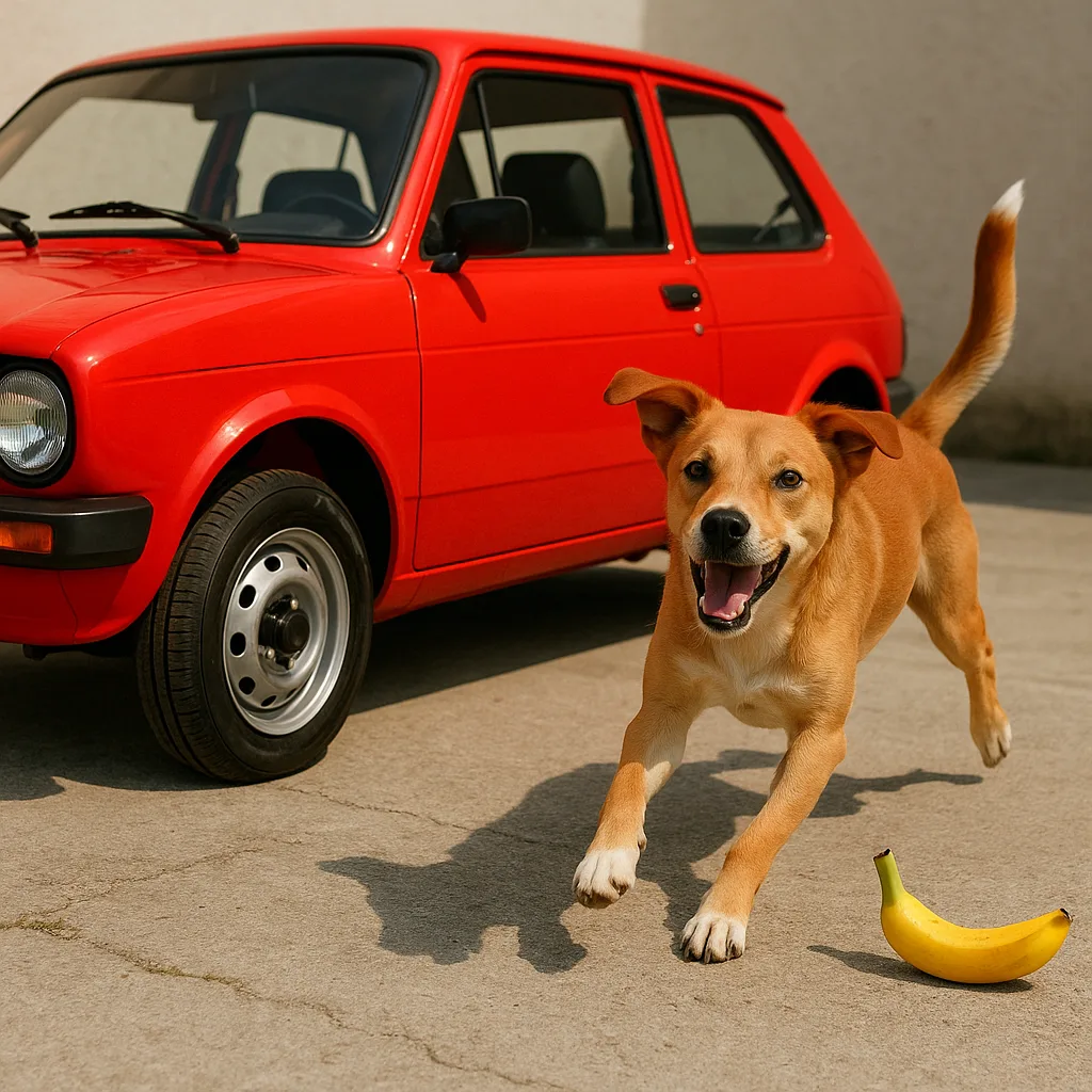 Vibrant Red Automobile with a Cheerful Dog Circling It