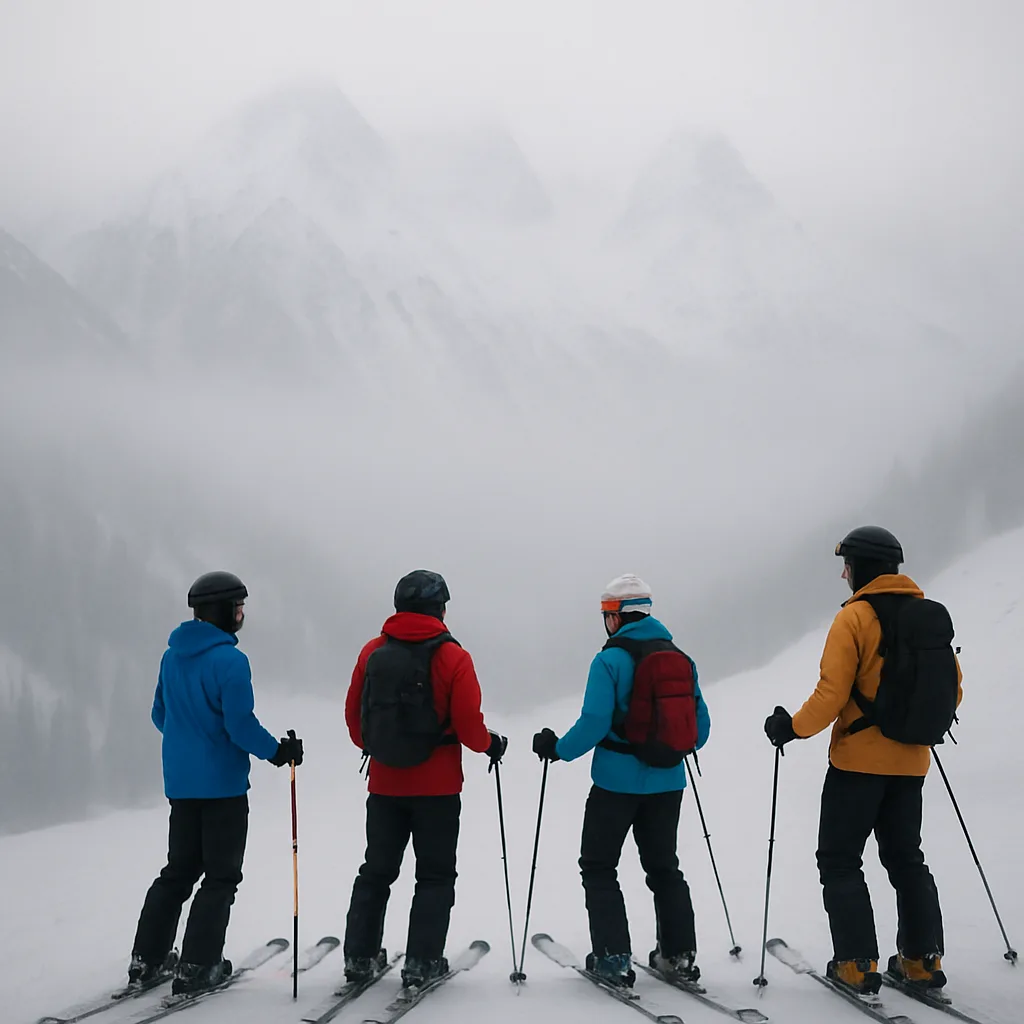 Group of Skiers Stands on a Snowy Slope