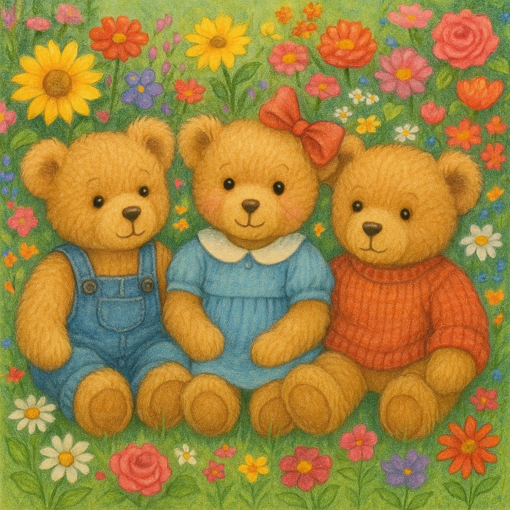 Three Teddy Bears Wearing Clothing Sit Together in a Vibrant