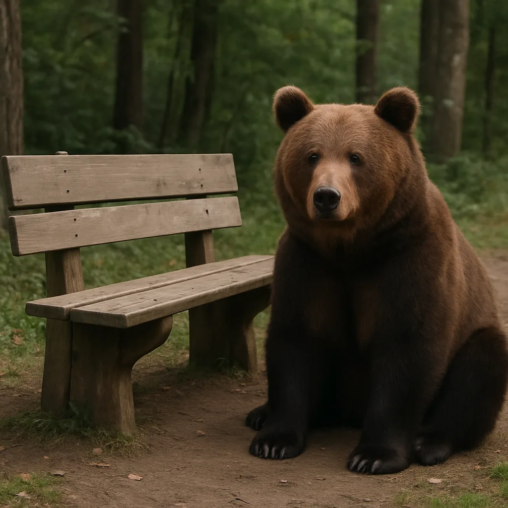 Picture of a Bear Resting Close to a Wooden Bench