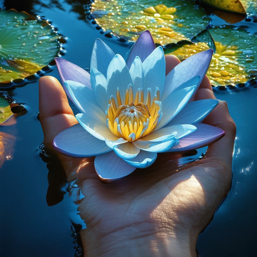 Hand Cradling a Water Lily in Botanical Detail