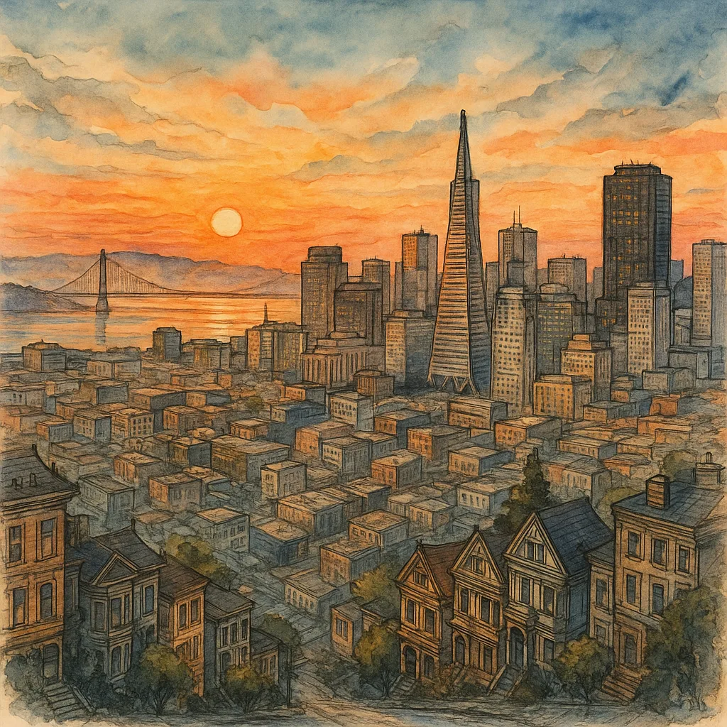 Detailed Ink and Watercolor Depiction of San Francisco's Skyline
