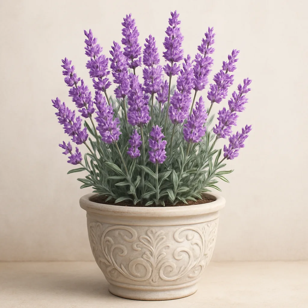 Decorative Ceramic Planter Containing a Flowering Plant with Lavender-colored Blooms