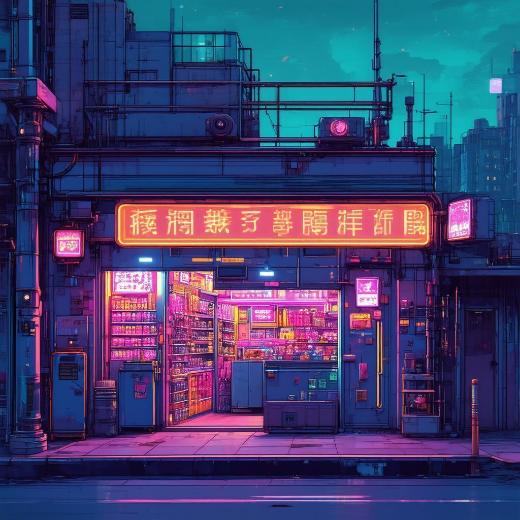 Neon Storefront Under a Futuristic Twilight Sky