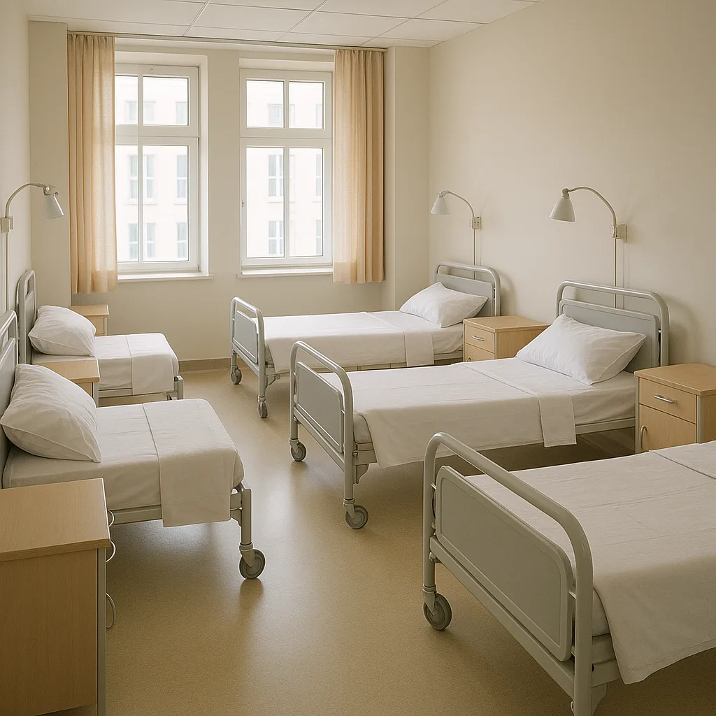 Simple Hospital Ward with Multiple Neatly Arranged Beds