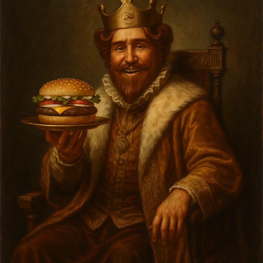 Compose an Exquisite Oil Painting Depicting the Regal Burger
