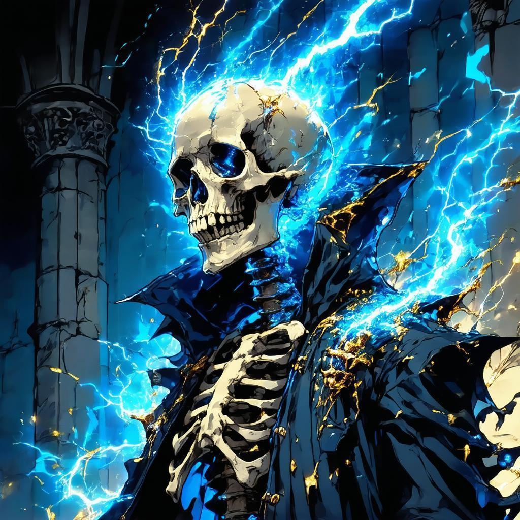 Gothic Skeleton Electrified in Blue and Gold