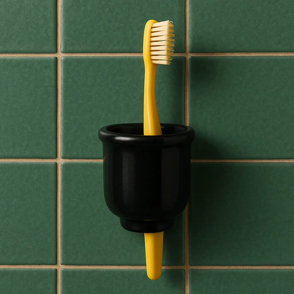 Yellow Toothbrush Hanging on a Black Ceramic Holder