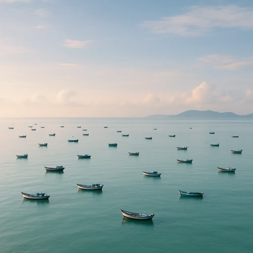 Numerous Tiny Fishing Boats Are Sparsely Scattered Across a Vast