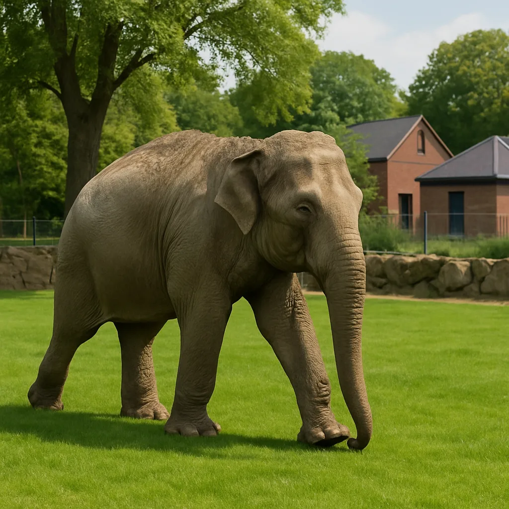 Solitary Elephant Walking on Green Grass in an Outdoor Enclosure