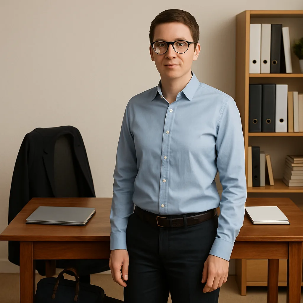 Person Dressed in a Light Blue Button-up Shirt Stands Next