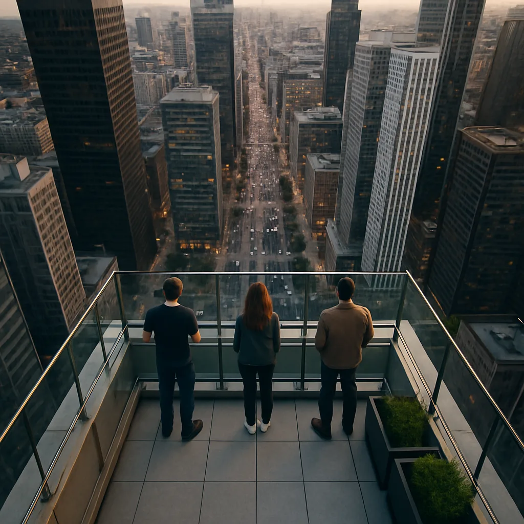 Three People Stand at the Edge of a Skyscraper Rooftop