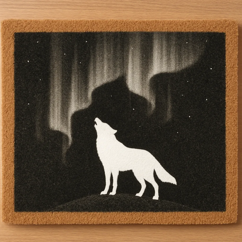 White Wolf's Stark Silhouette on a Doormat under a Minimalist