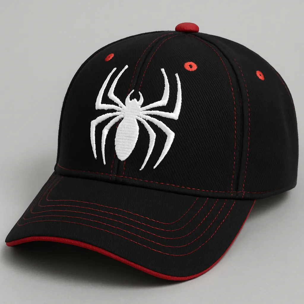 Black Cap Featuring a Prominent White Spider Emblem