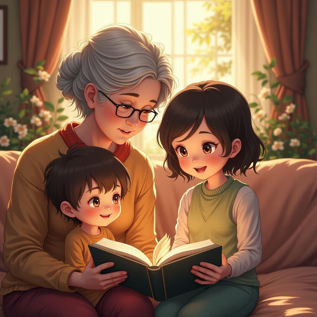 Grandmother Reading to Grandchildren in Anime Warmth