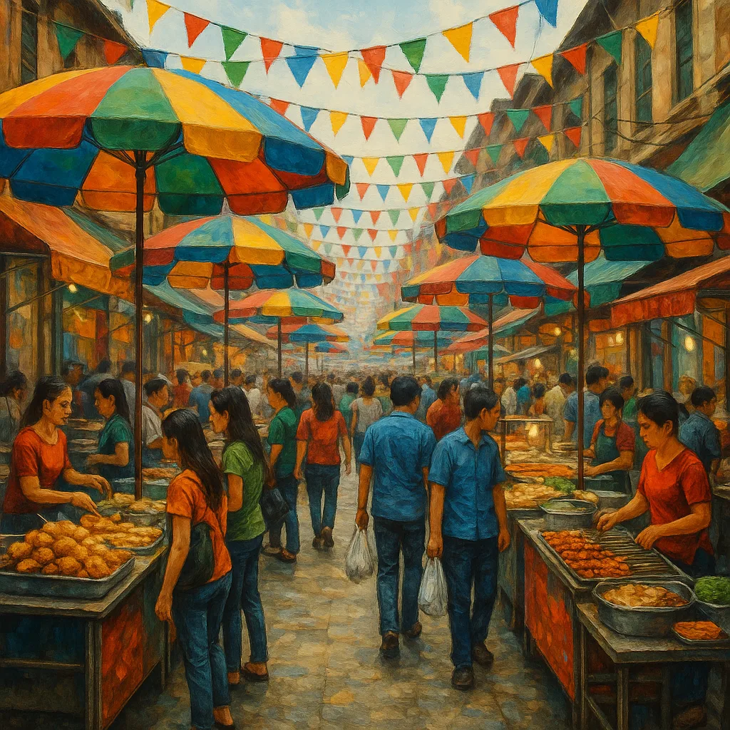 Busy Outdoor Market Street Filled with Colorful Umbrellas