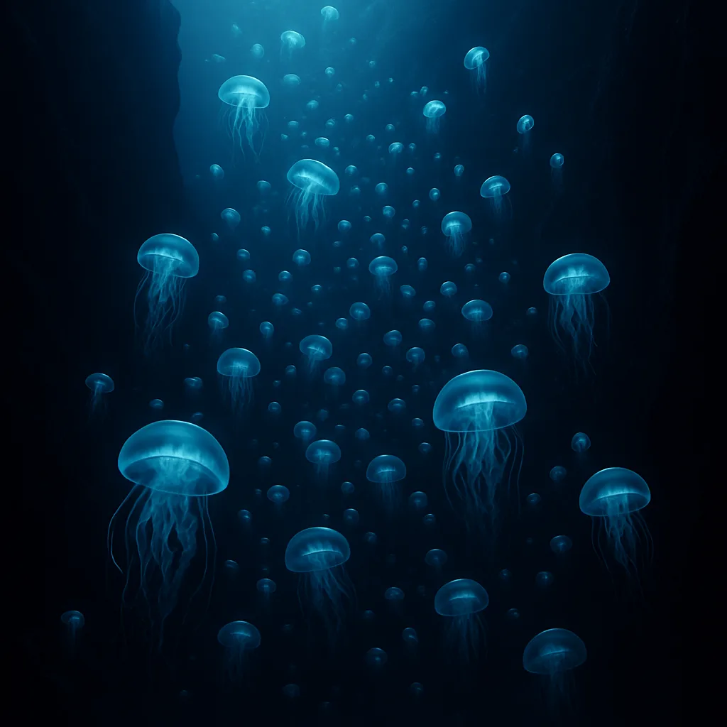 Vast Swarm of Luminous Jellyfish Drifts Silently