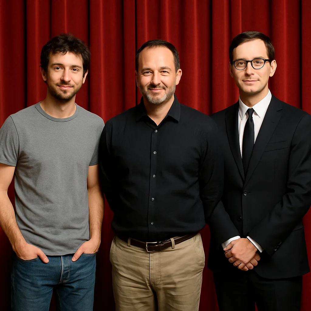 Three Men Standing in Front of a Red Curtain