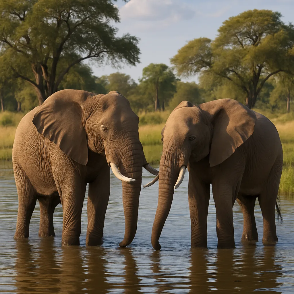 Two Elephants Standing in a Shallow Water Body