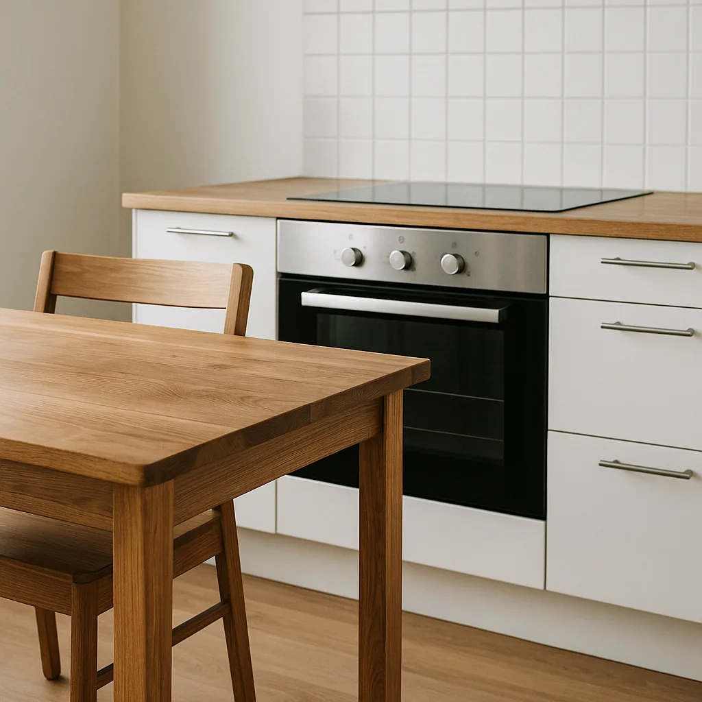 Wooden Dining Table Positioned Adjacent to a Sleek