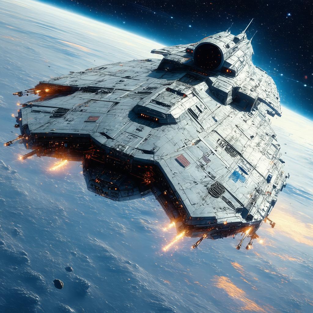 Battle Damaged Spaceship Drifting Through Deep Space