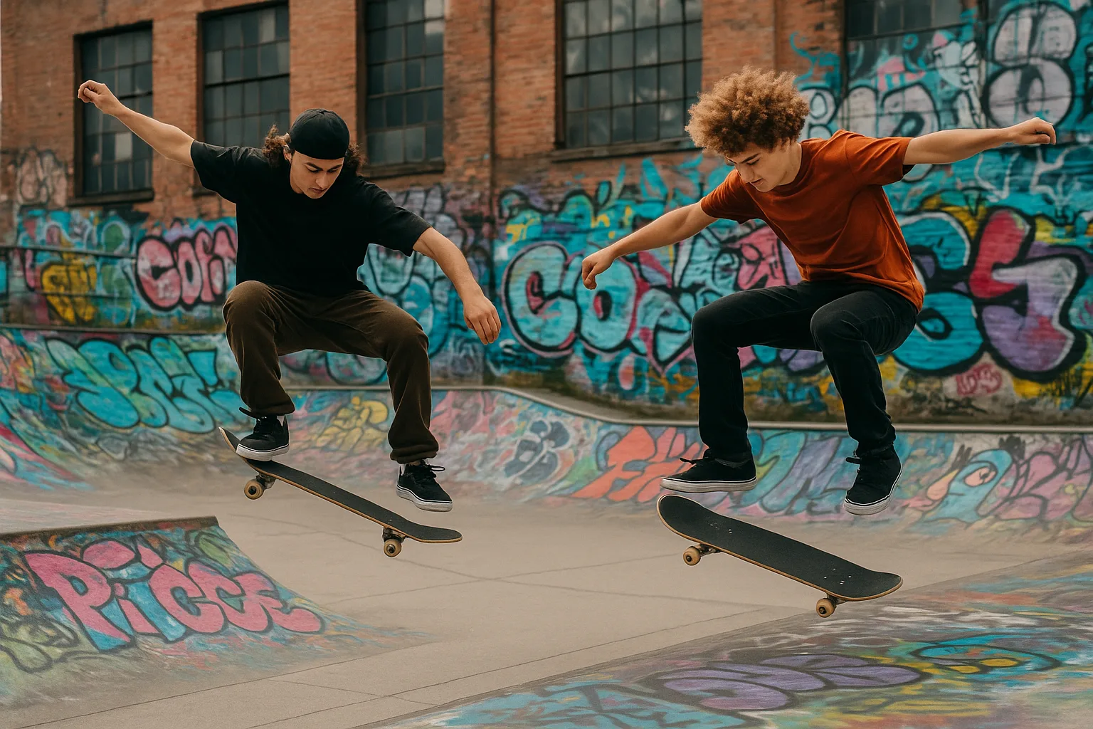 Two Skateboarders Practicing Tricks in a Graffiti-filled Skatepark