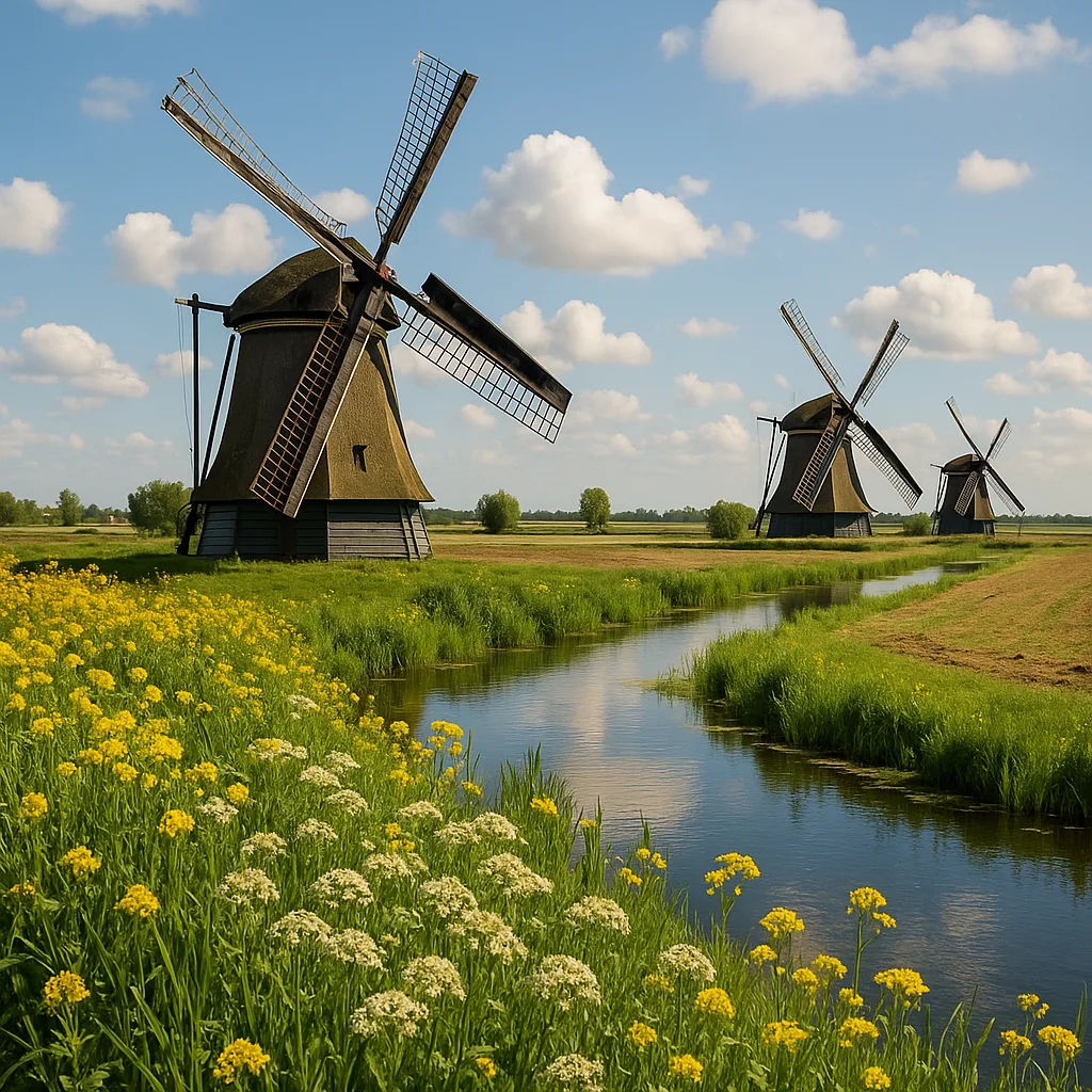 Traditional Dutch Windmills Built with Wooden Structures and Curved Blades