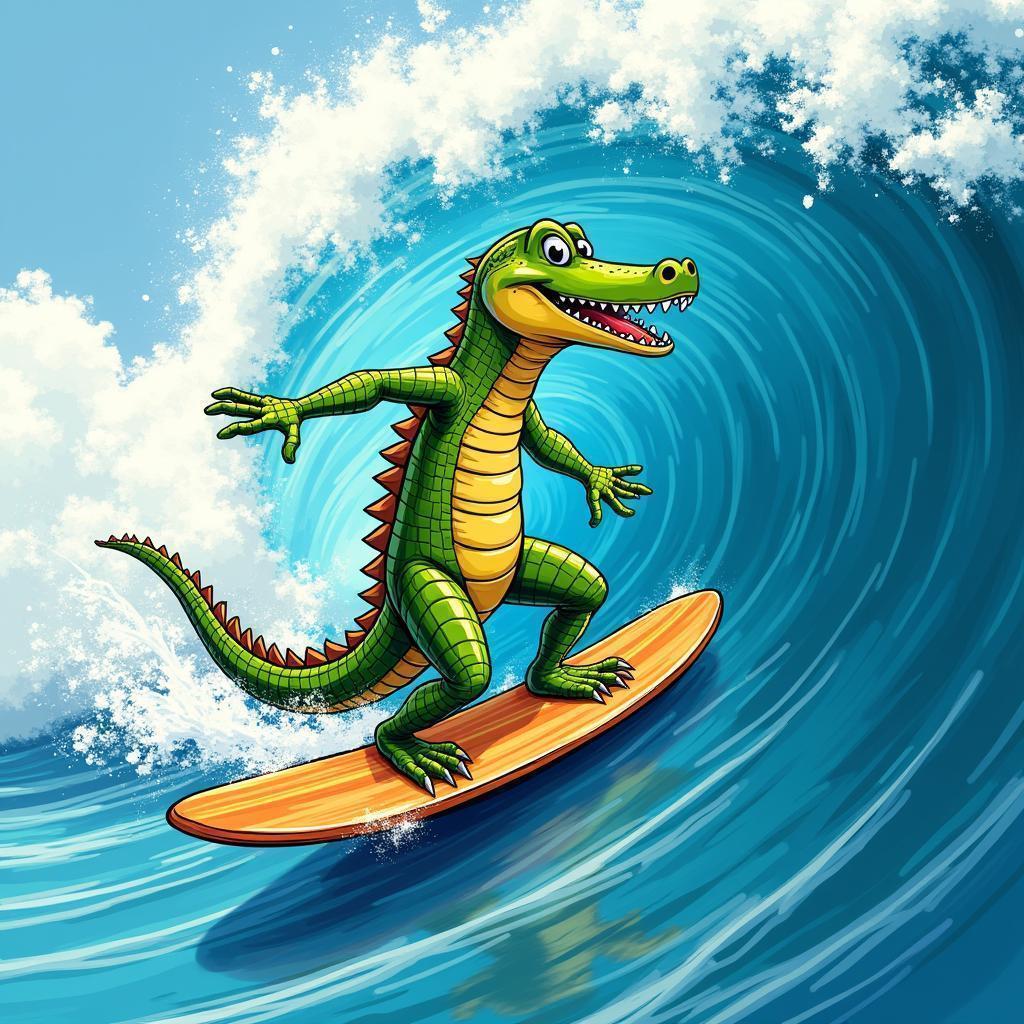 Cartoon Crocodile Surfing a Tube Wave