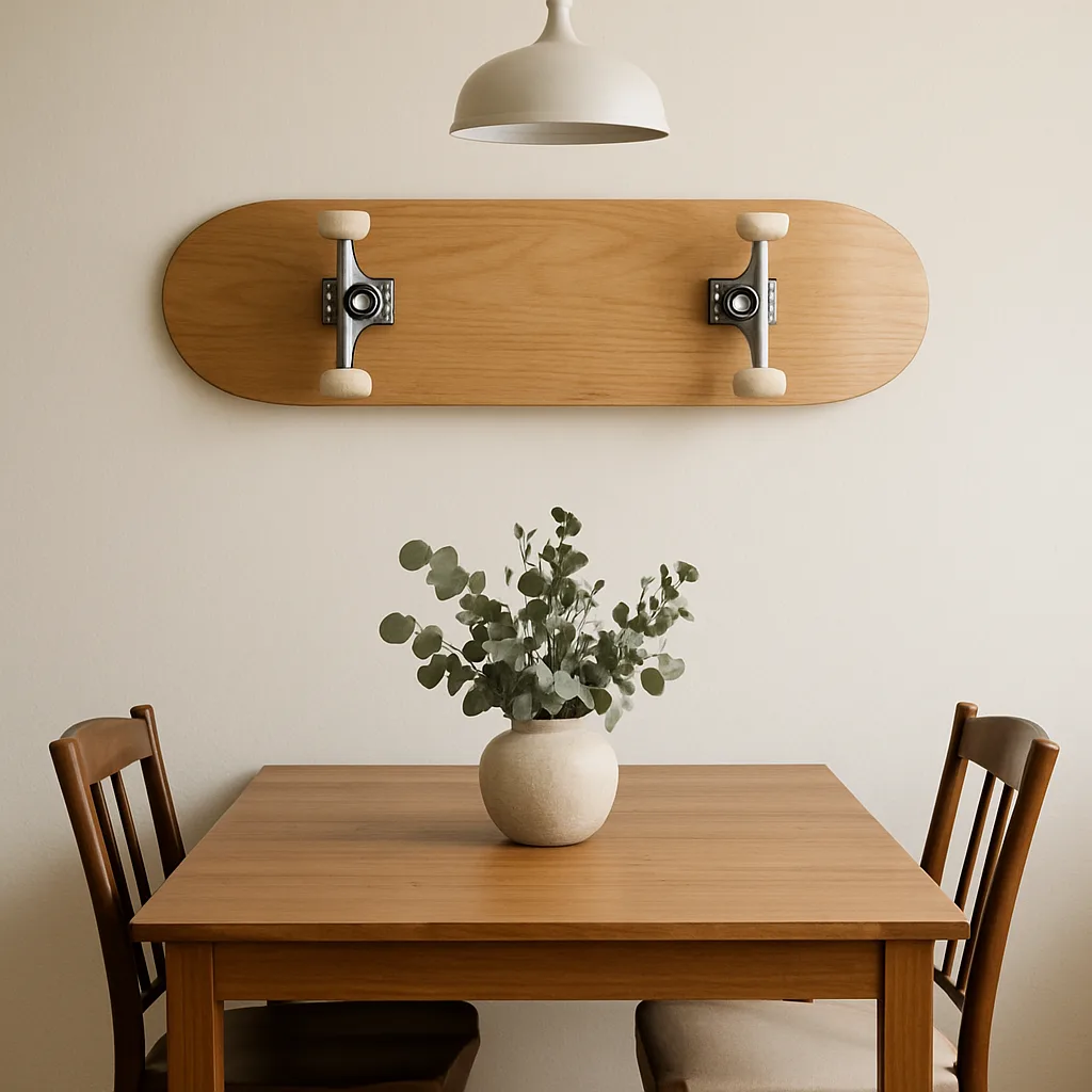 Picture Showing a Skateboard Suspended Above a Dining Table