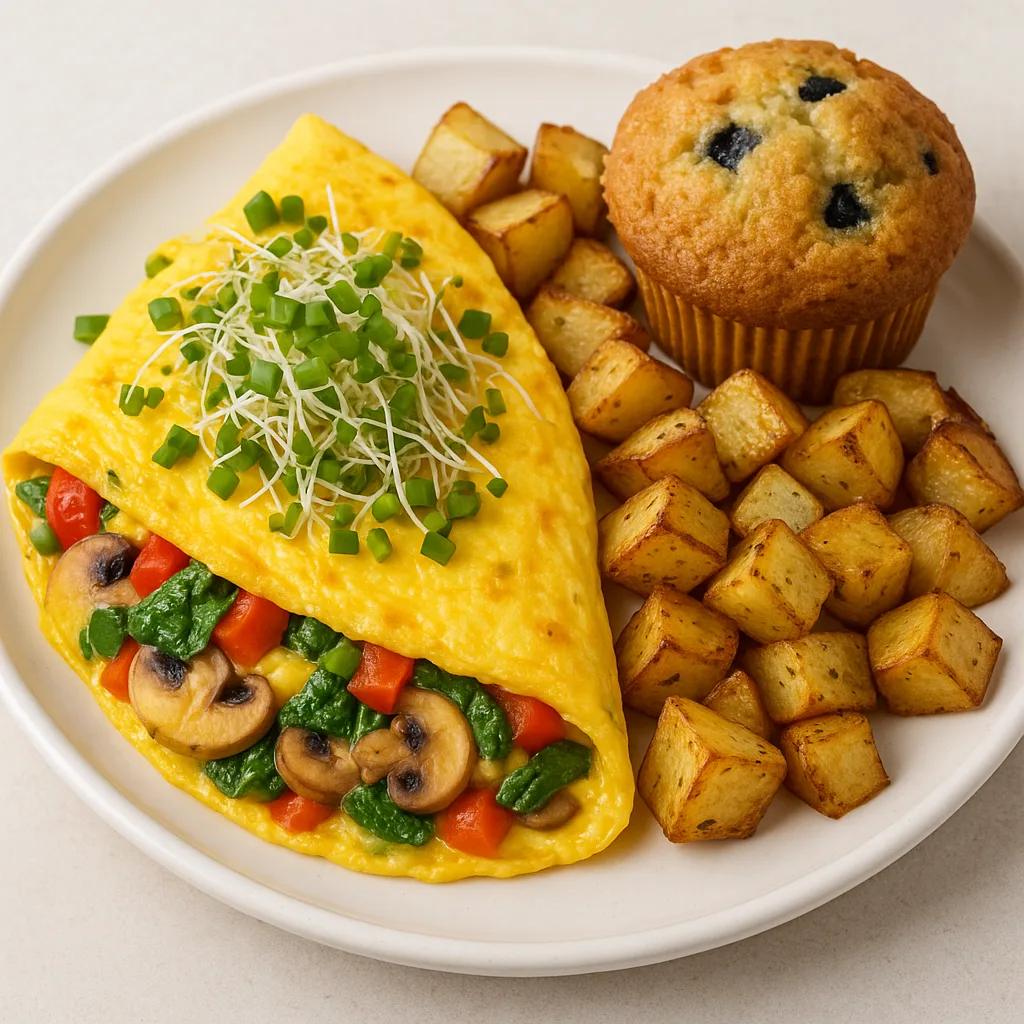 Plate Featuring a Loaded Vegetable Omelet Topped with Sprouts