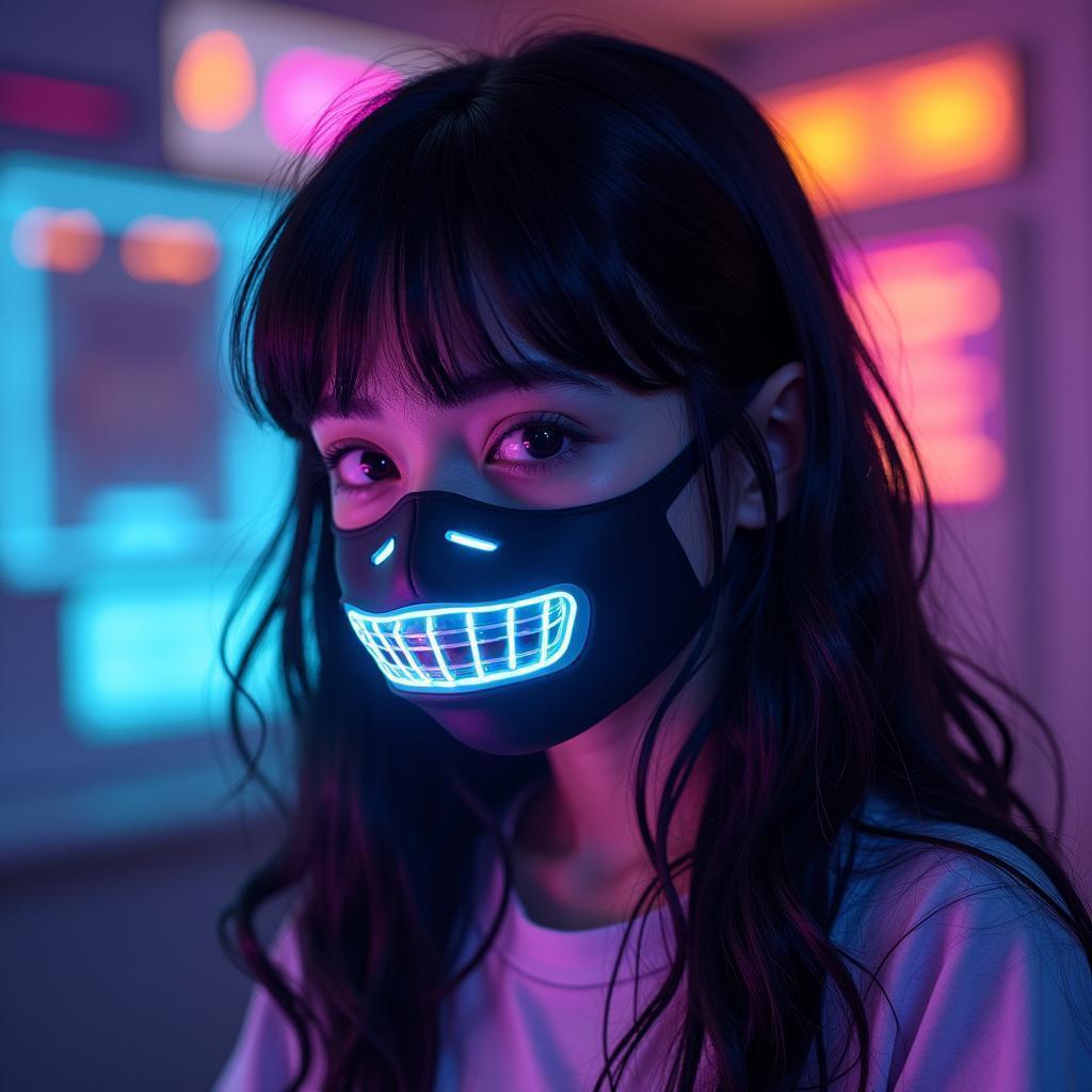 Masked Hacker Girl in Neon Glow