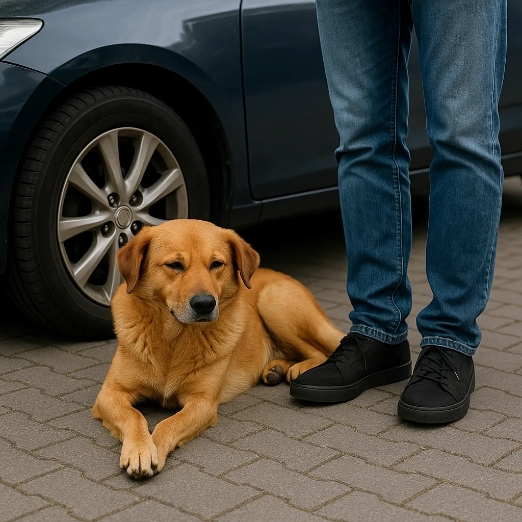 Dog Lying Down Close to a Car