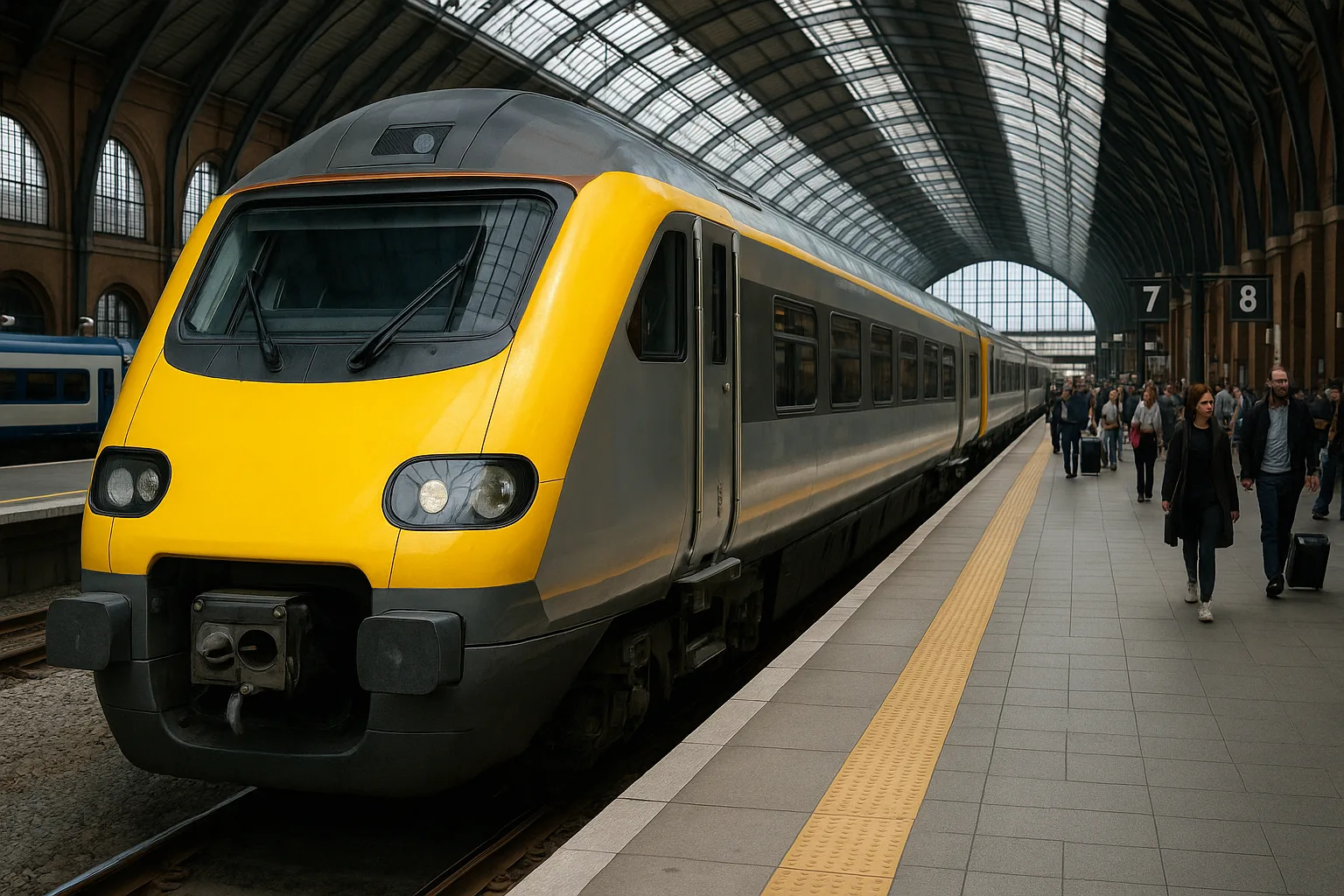 Modern Yellow-faced Train Is Stationed at a Busy Platform Inside