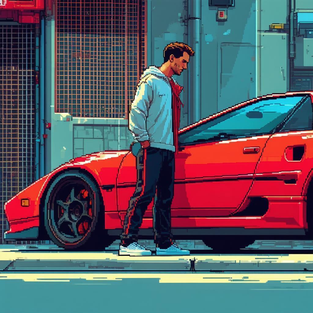 Pixel Tall Man Squeezing Into Red Sports Car