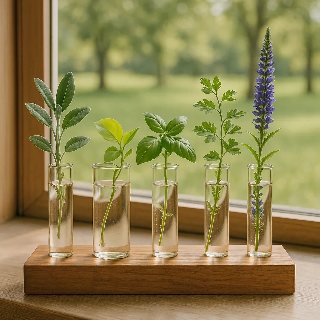 Glass Vials Holding Various Plants Sit on a Wooden Stand