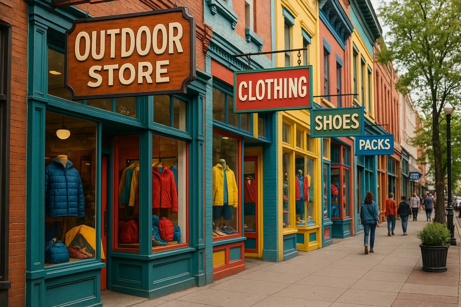 Busy Downtown Street Featuring Vibrant Storefront Displays