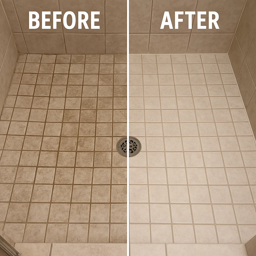 Tiled Shower Floor Split into "Before" and "After" Sections