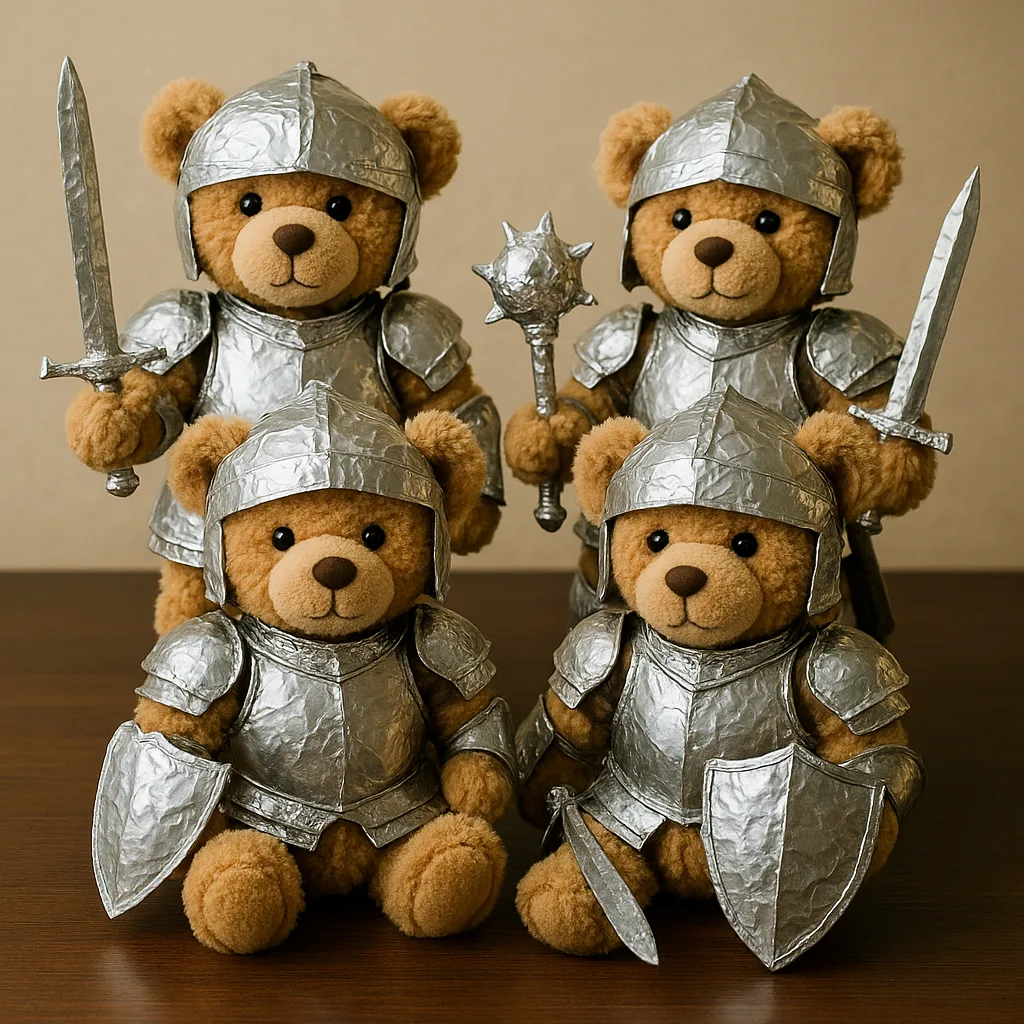 Stuffed Teddy Bears Dressed as Medieval Knights with Foil Armor