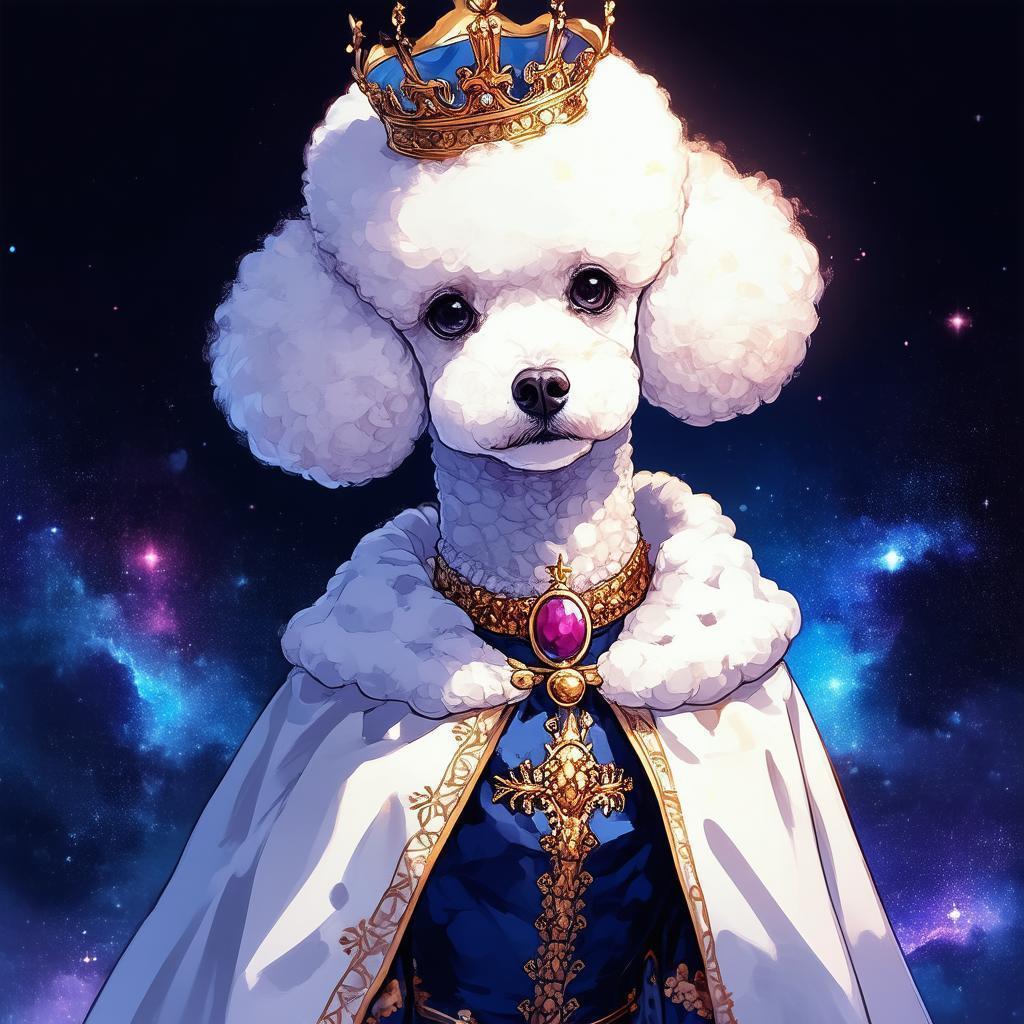 Royal White Poodle Crowned Against Dark Nebula