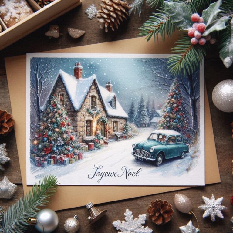 Pastel Watercolor Christmas Card with Cottage Scene