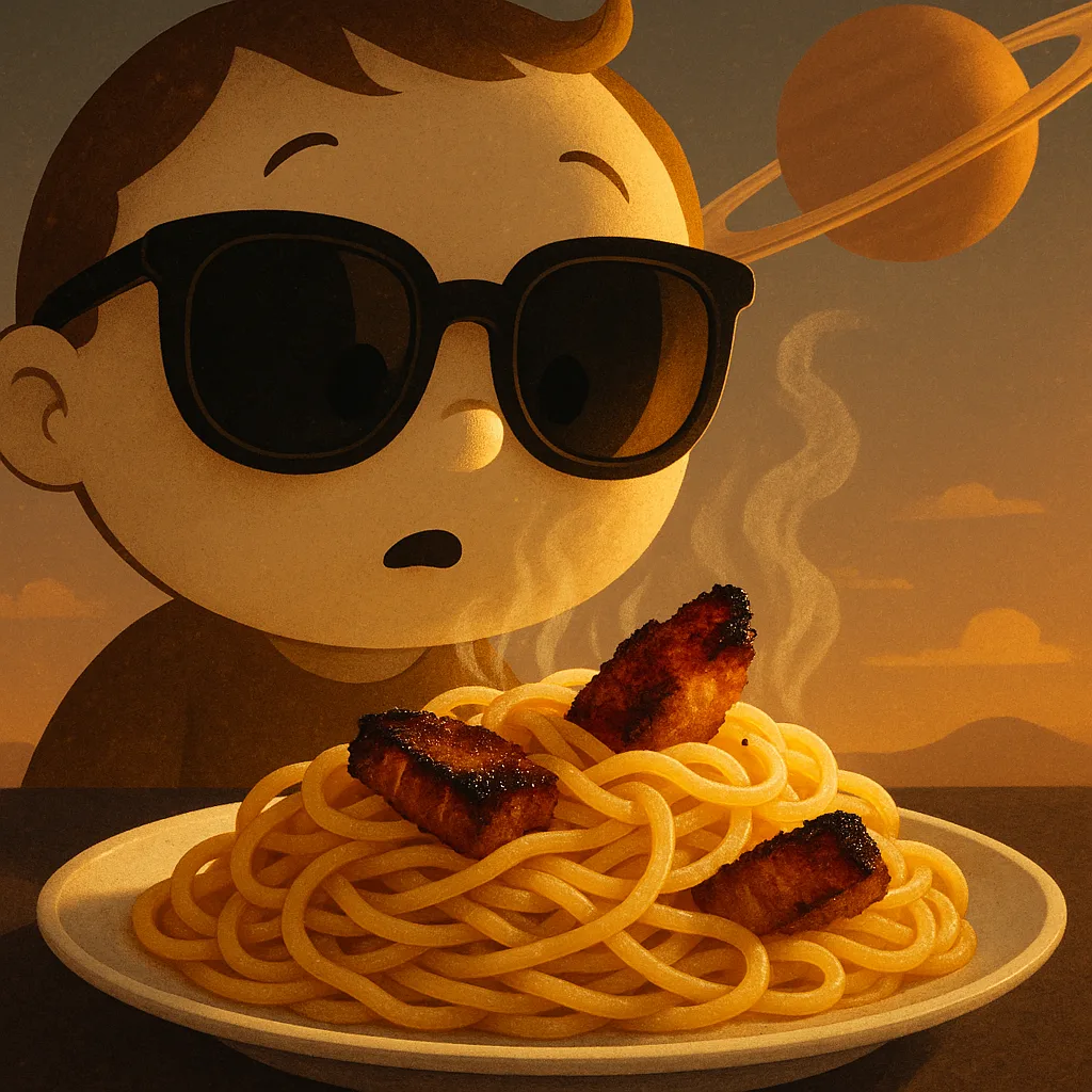 Innocent Character in Sunglasses Is Mesmerized by Steaming Carbonara's Darkly