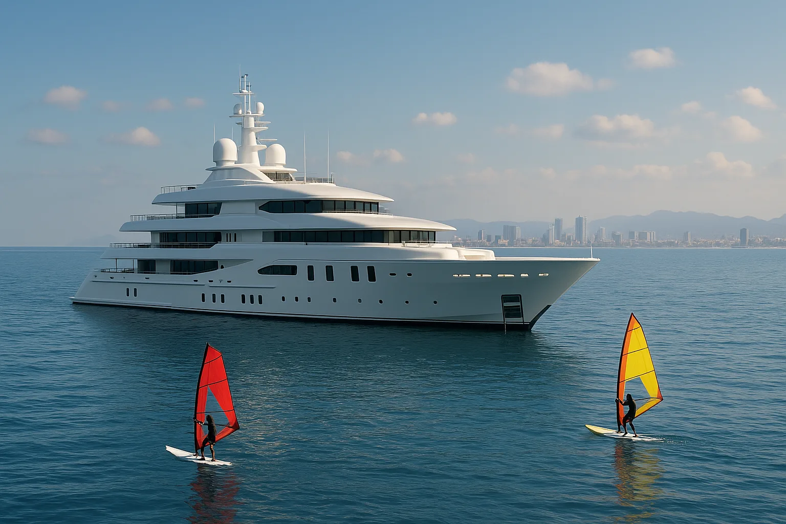 Large White Yacht in a Calm Sea with Windsurfers