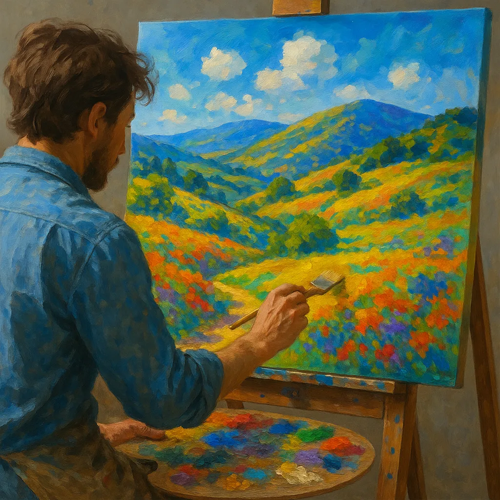 Painter Is Creating a Colorful Depiction of a Hillside Scene