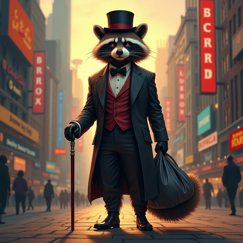 Formal Raccoon Clutching Garbage in Future City