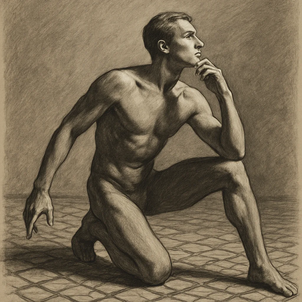 Figure Assumes a Fluid Kneeling Posture on a Floor
