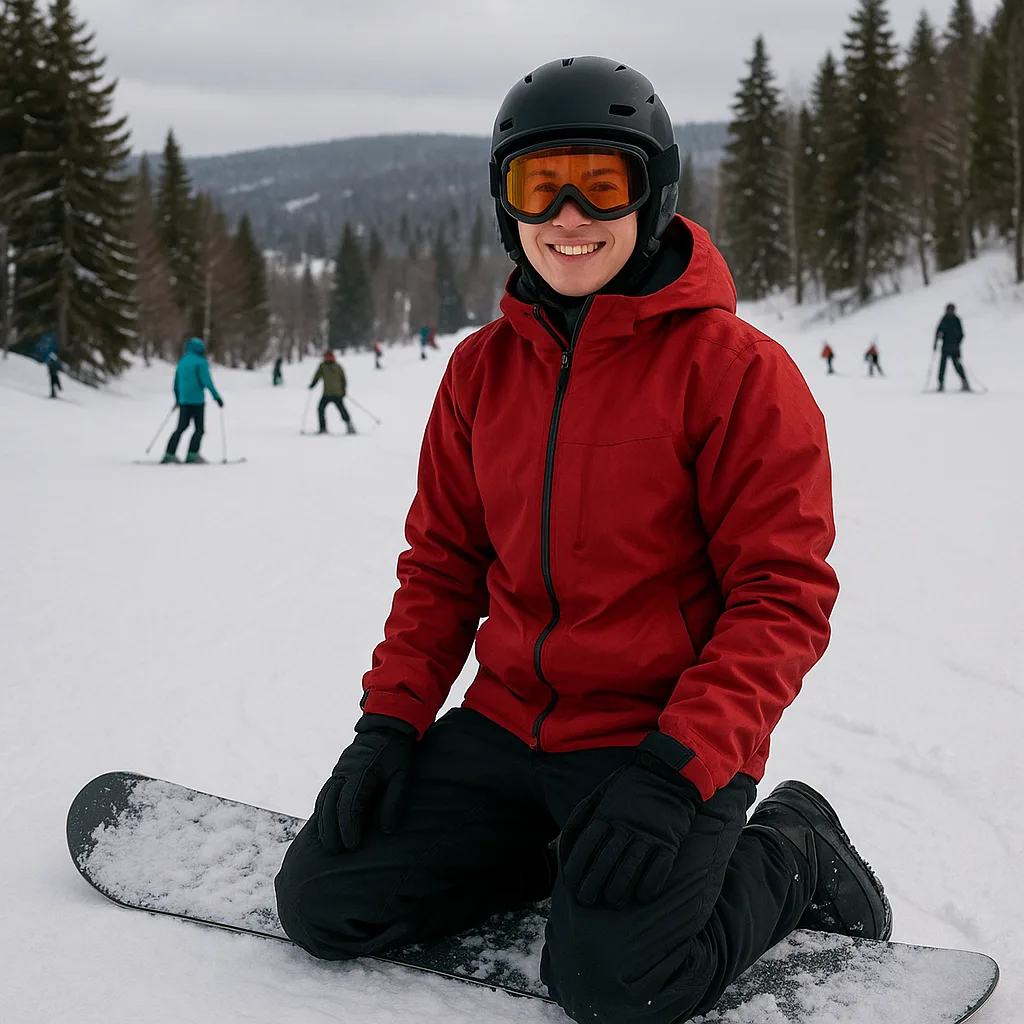 Person Kneeling Beside a Snowboard on a Snowy Slope