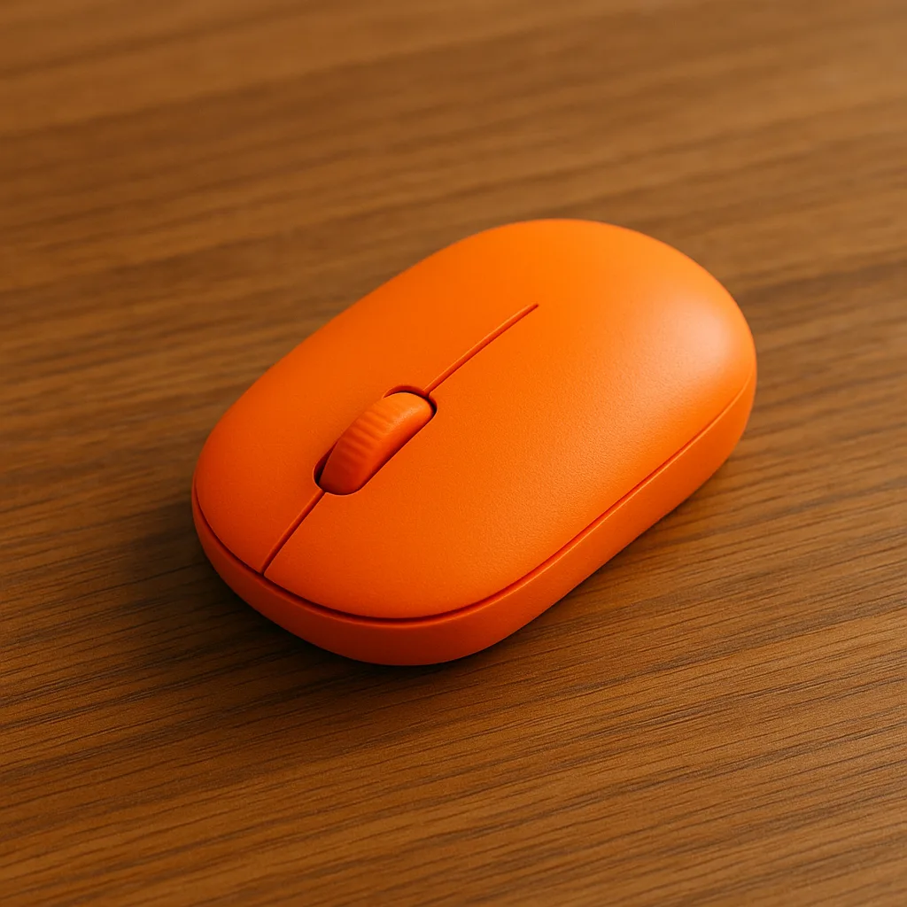 Vivid Tangerine-hued Computer Mouse Placed on a Wooden Desk