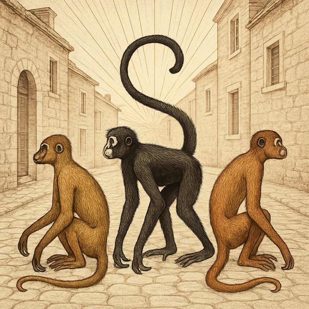Three Distinct Spider Monkeys Inhabit Charming Cobblestone Streets