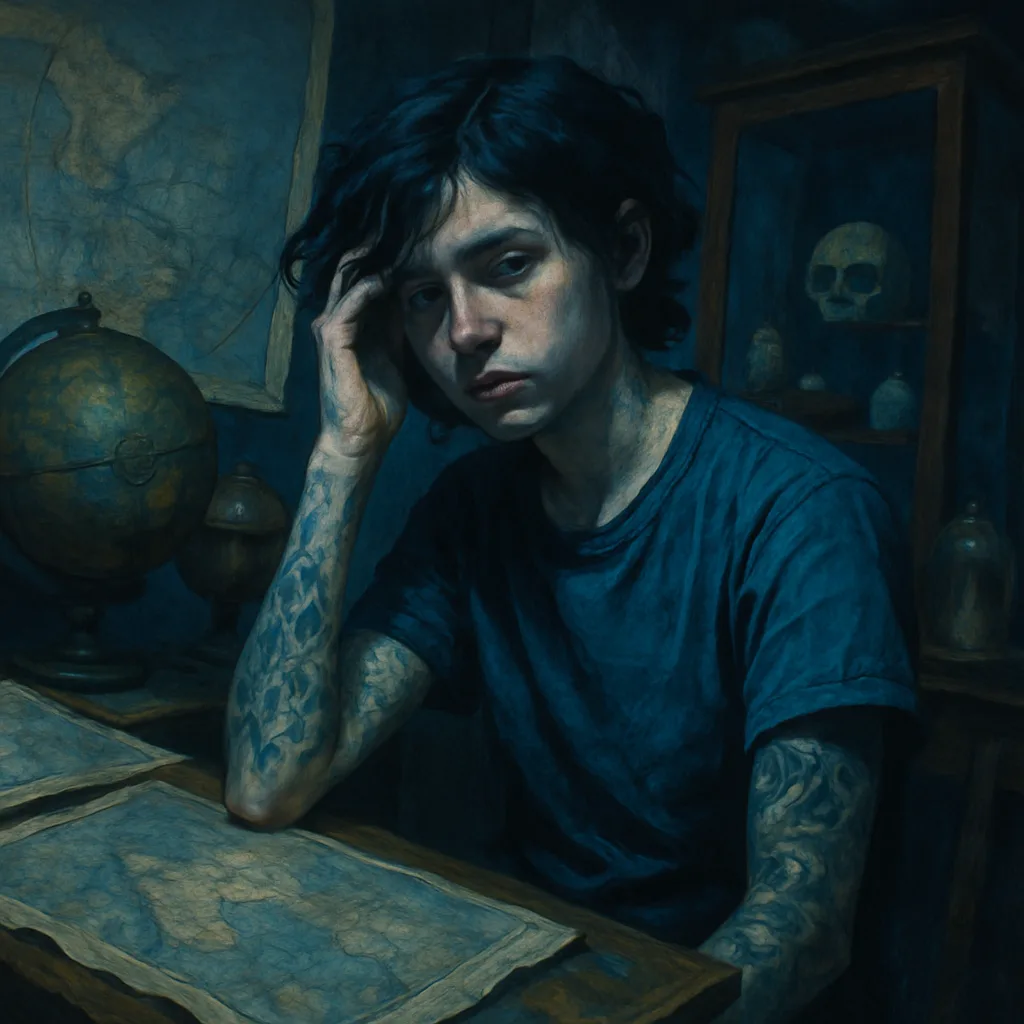 Unknown Teenager with a Visible Full Sleeve Tattoo Thoughtfully Touches